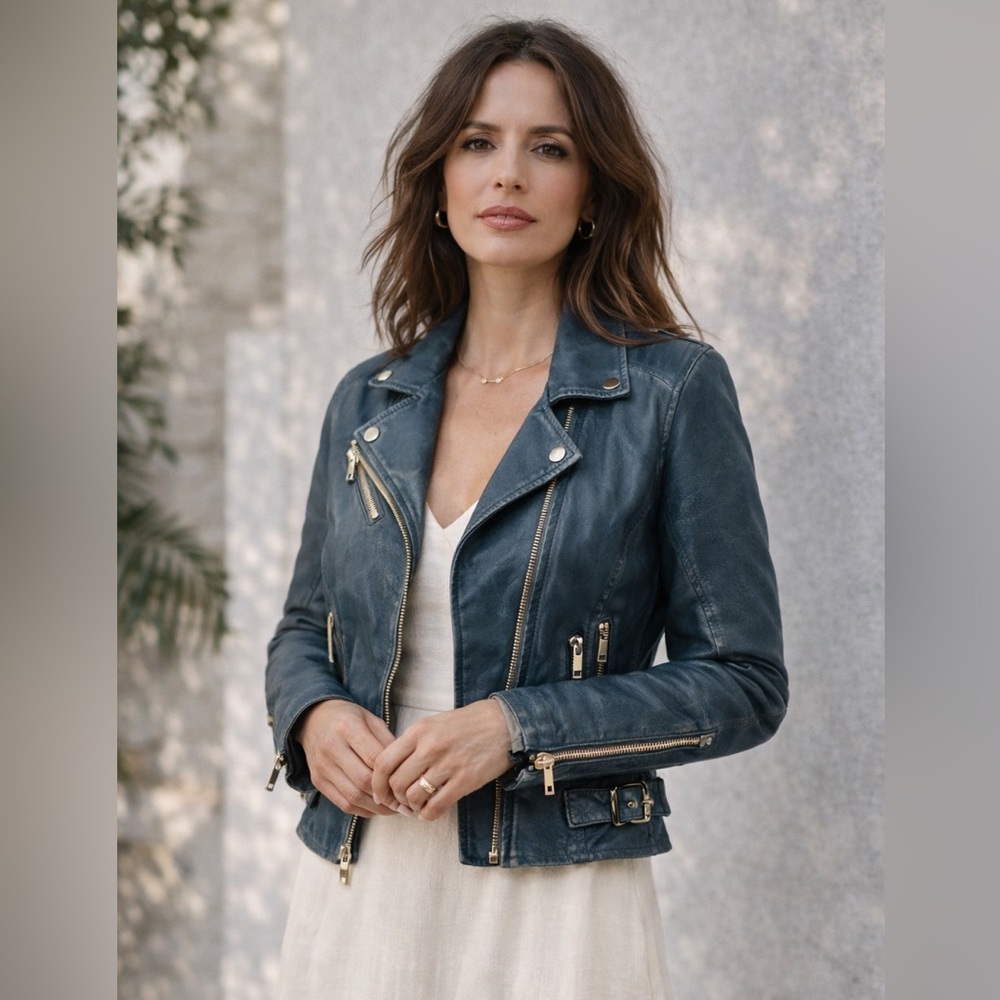 Mauritius Teal Leather Moto Jacket Cropped Biker Gold Hardware Small